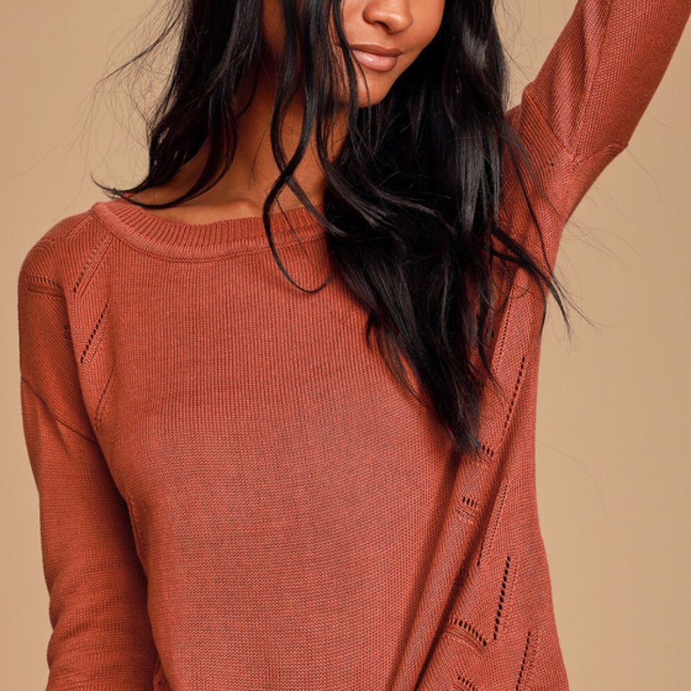 Lulus Pointelle Me More Rust Orange Knit Sweater - Size M